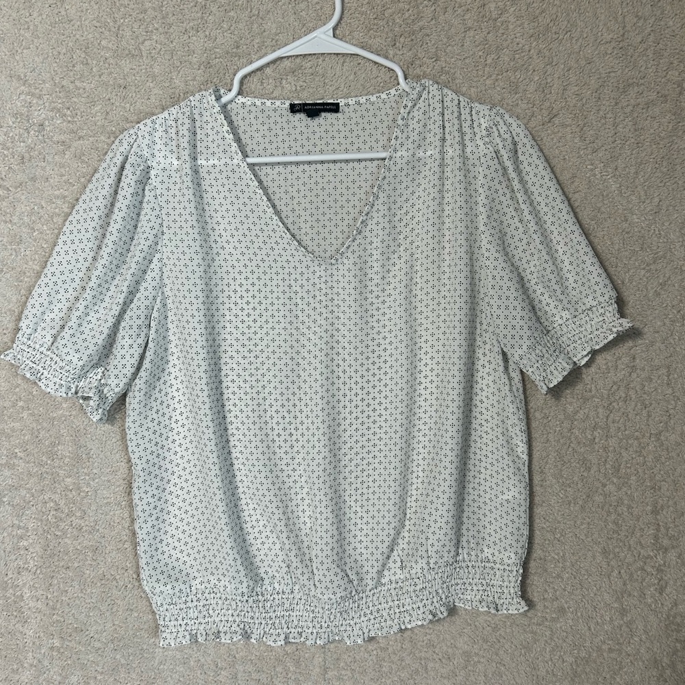 Adrianna Papell Blouse S Woman White Black Smocked Wasit Short Sleeve Casual